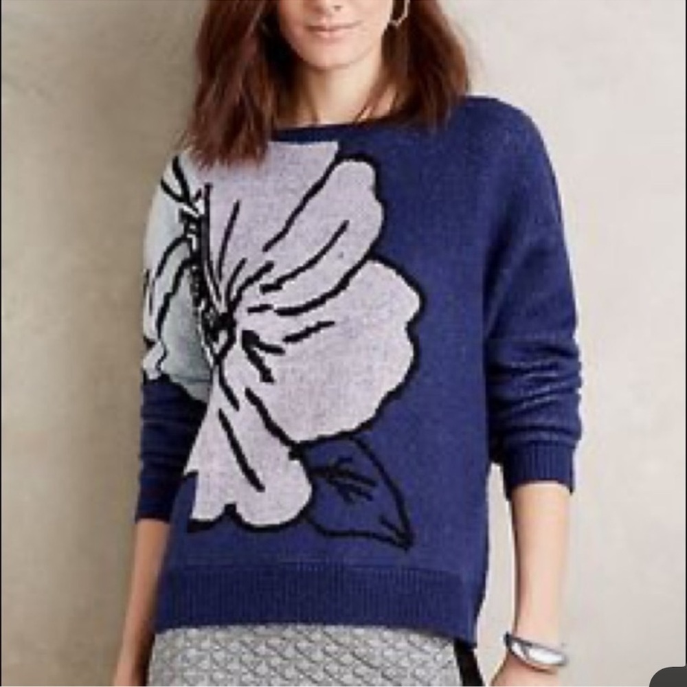 Anthropologie Monogram HWR Exploded Floral Mavales Sweater Purple Blue Large